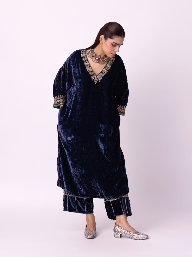 Nawaz Kaftan silk velvet indo-western by Shades of India in blue for women Worldwide