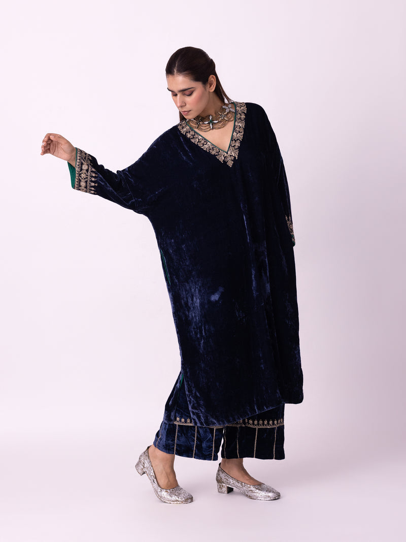 Nawaz Kaftan silk velvet indo-western by Shades of India in blue for women Worldwide