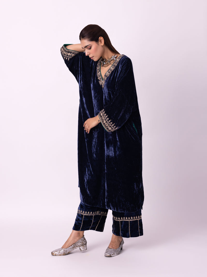 Nawaz Kaftan silk velvet indo-western by Shades of India in blue for women Worldwide