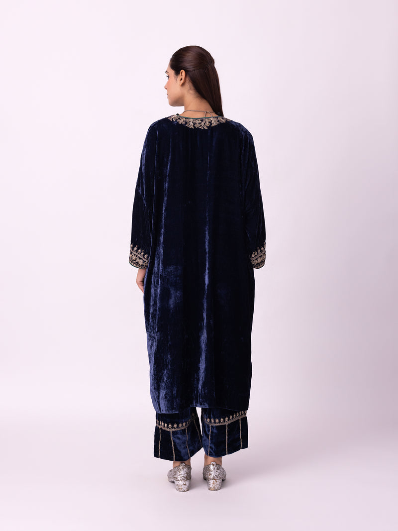 Nawaz Kaftan silk velvet indo-western by Shades of India in blue for women Worldwide