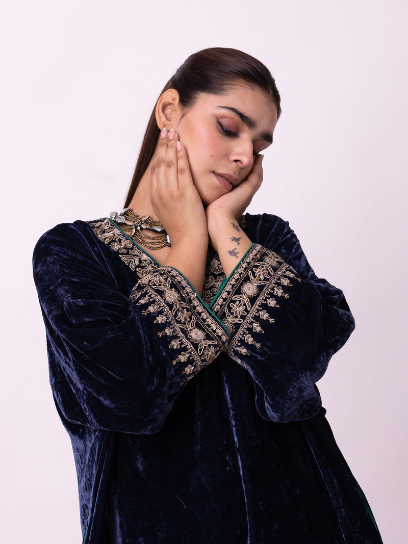 Nawaz Kaftan silk velvet indo-western by Shades of India in blue for women Worldwide