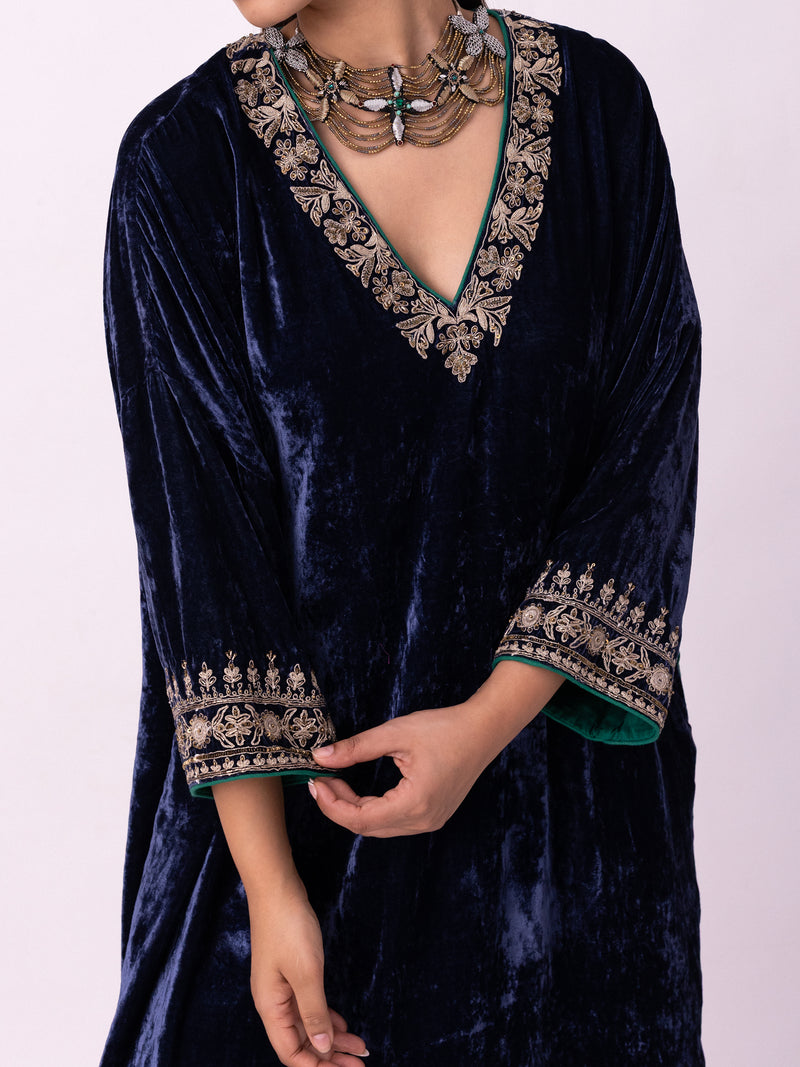 Nawaz Kaftan silk velvet indo-western by Shades of India in blue for women Worldwide