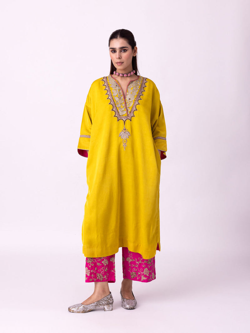 Sadri Kaftan linen blend indo-western by Shades of India in yellow for women Worldwide