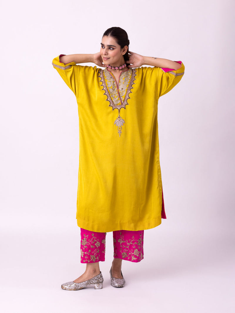 Sadri Kaftan linen blend indo-western by Shades of India in yellow for women Worldwide