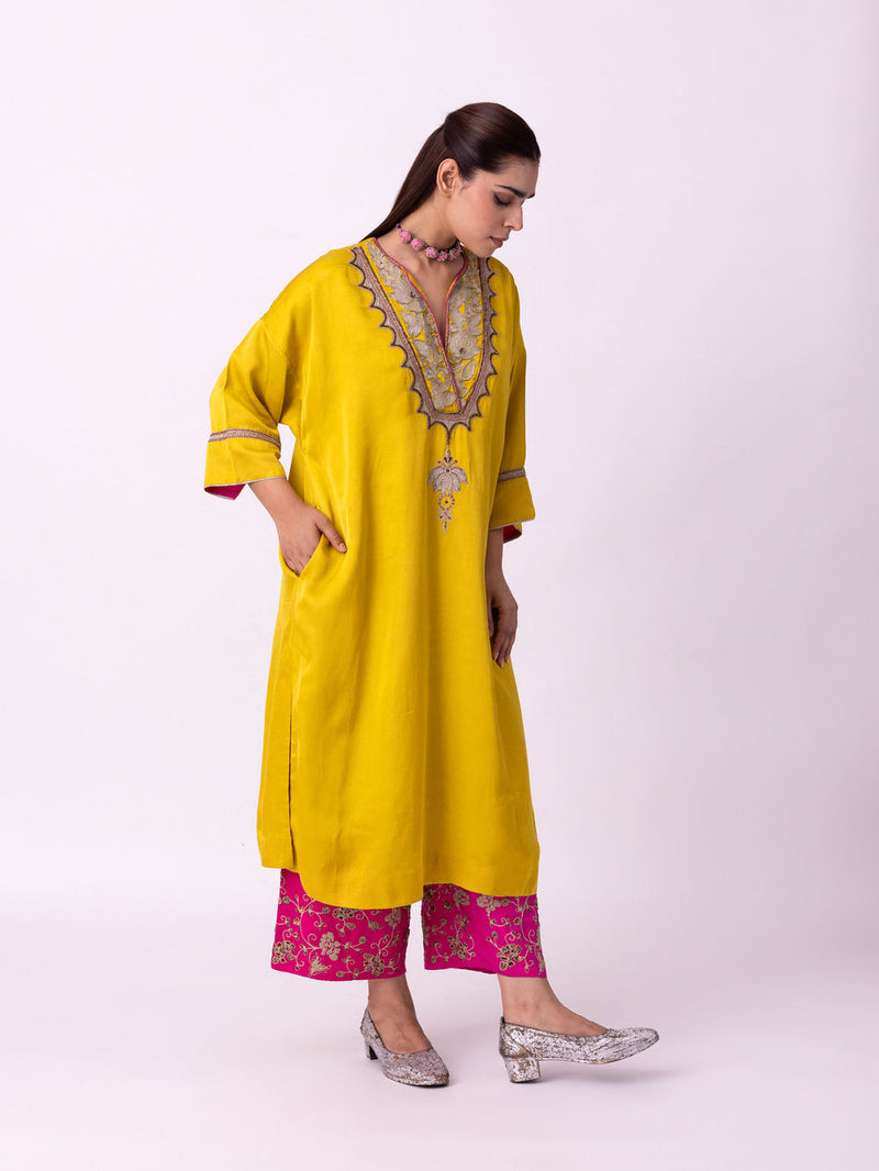 Sadri Kaftan linen blend indo-western by Shades of India in yellow for women Worldwide