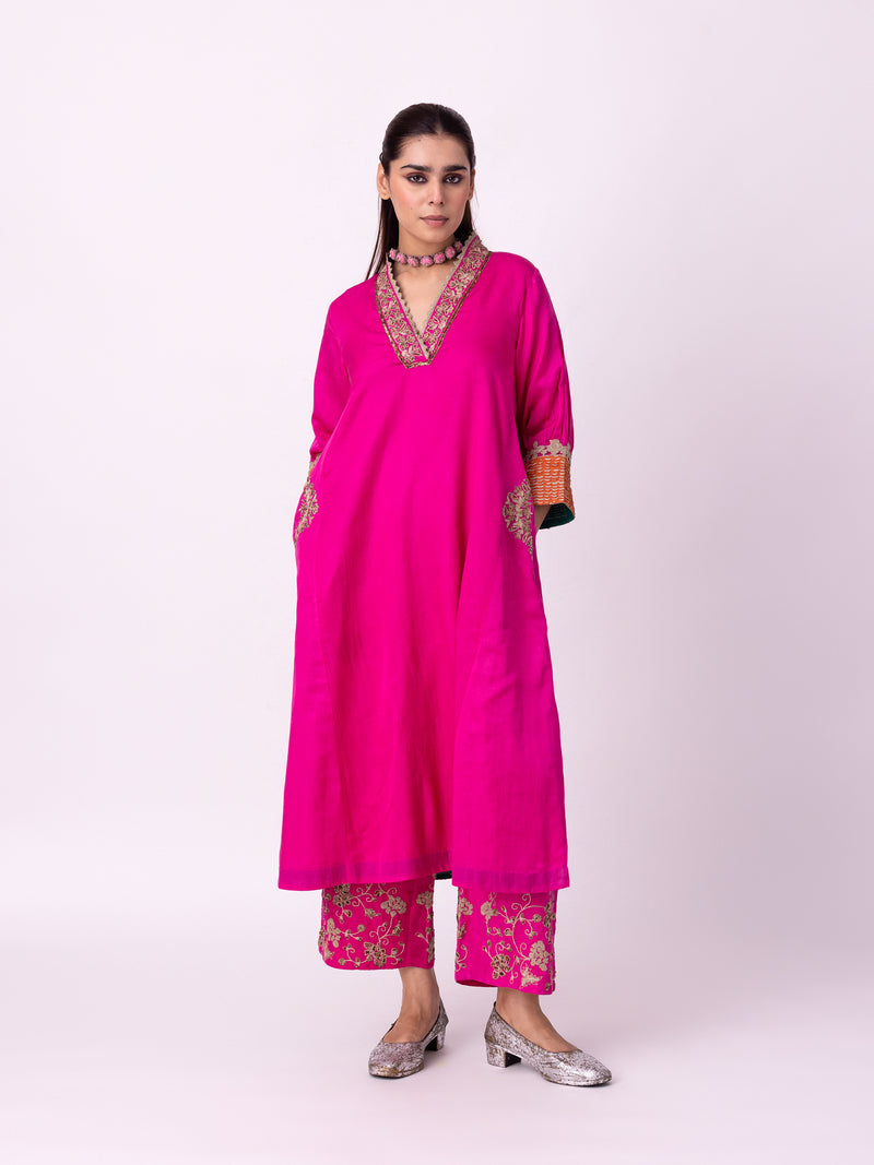Dogri Kurta silk cotton satin kurta/kurta set by Shades of India in pink for women Worldwide