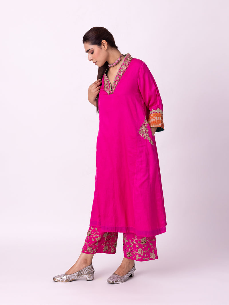 Dogri Kurta silk cotton satin kurta/kurta set by Shades of India in pink for women Worldwide