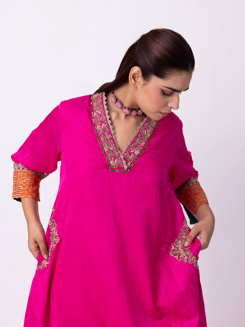 Dogri Kurta silk cotton satin kurta/kurta set by Shades of India in pink for women Worldwide