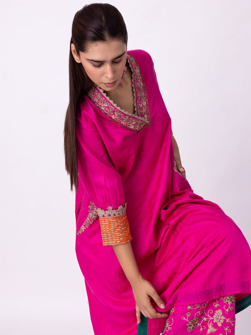 Dogri Kurta silk cotton satin kurta/kurta set by Shades of India in pink for women Worldwide