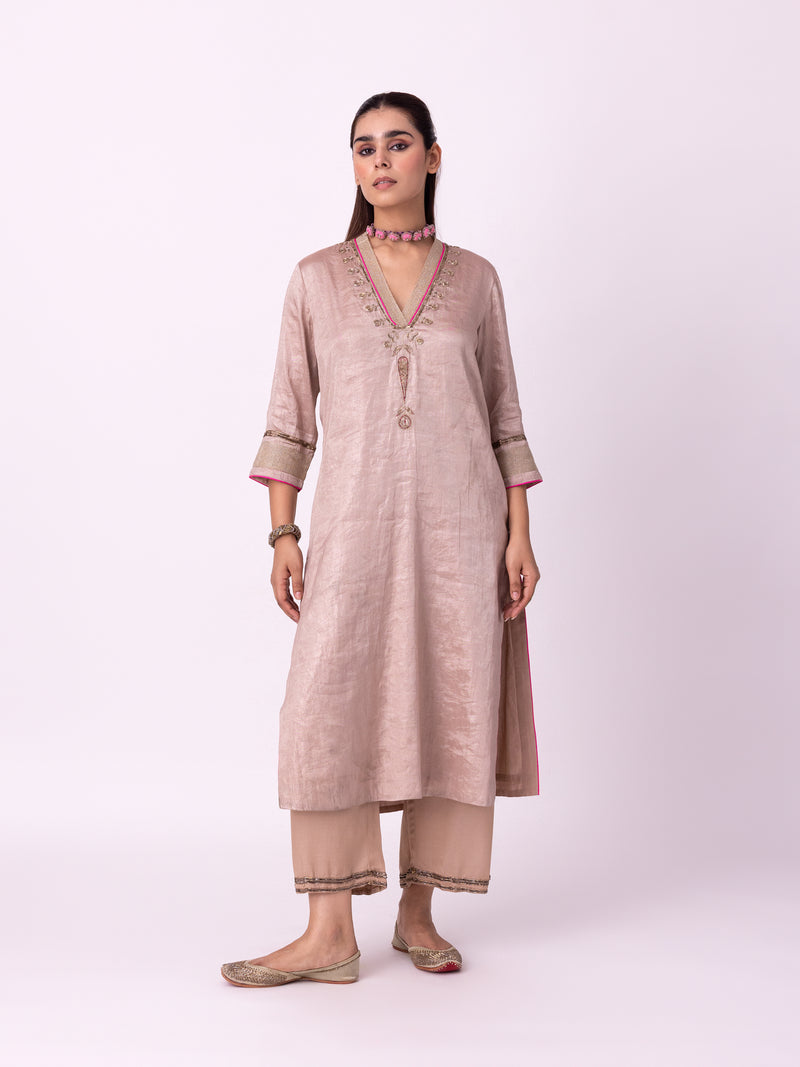 Indela Kurta tissue kurta/kurta set by Shades of India in nude for women Worldwide