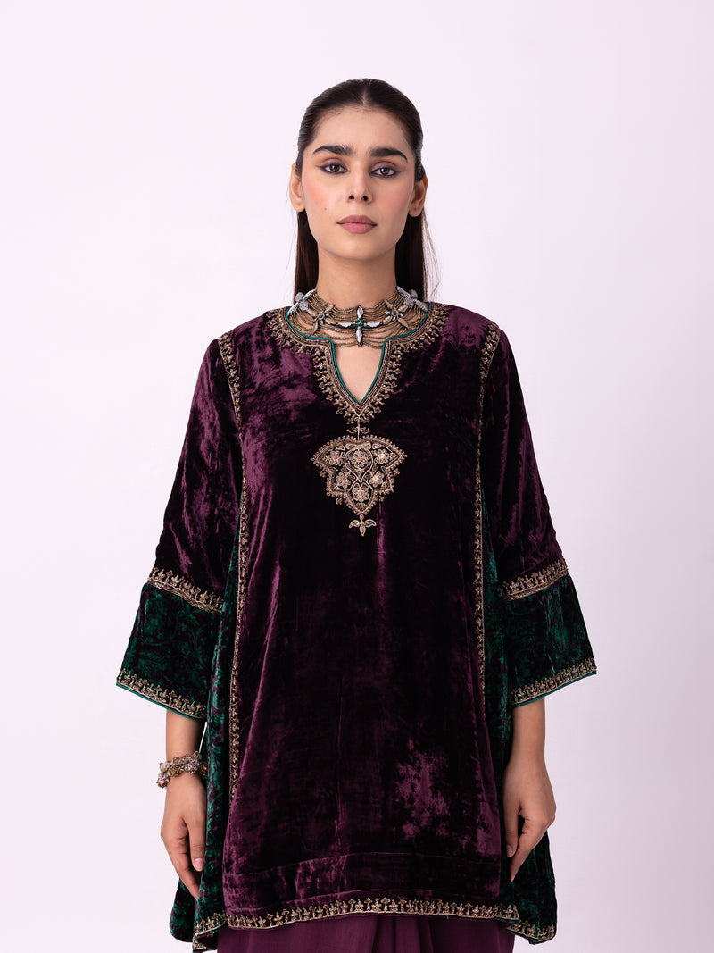 Kabeera Kurti silk velvet kurta/kurta set by Shades of India in wine for women Worldwide