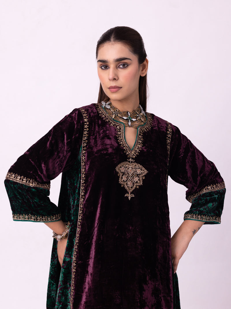 Kabeera Kurti silk velvet kurta/kurta set by Shades of India in wine for women Worldwide