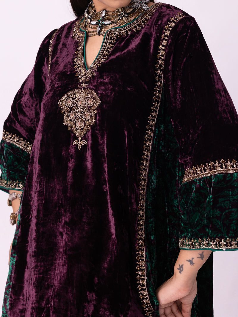 Kabeera Kurti silk velvet kurta/kurta set by Shades of India in wine for women Worldwide