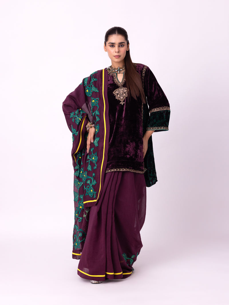 Kabeera Kurti silk velvet kurta/kurta set by Shades of India in wine for women Worldwide