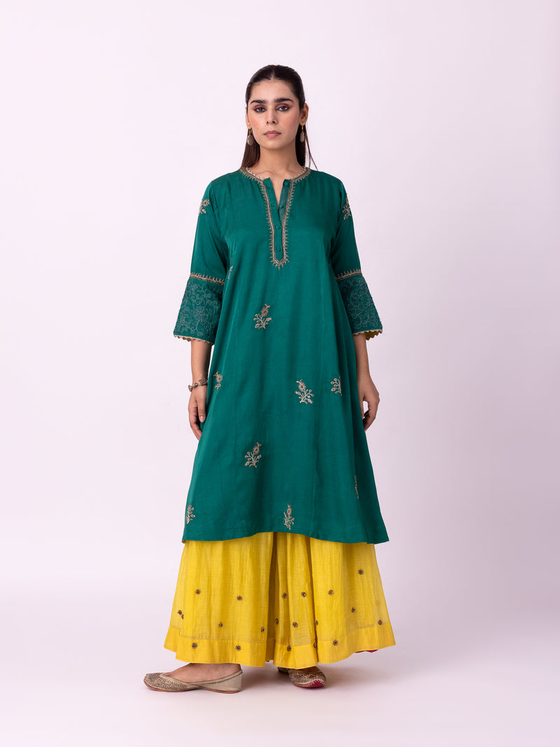 Abeer Long Kurta linen blend kurta/kurta set by Shades of India in green for women Worldwide