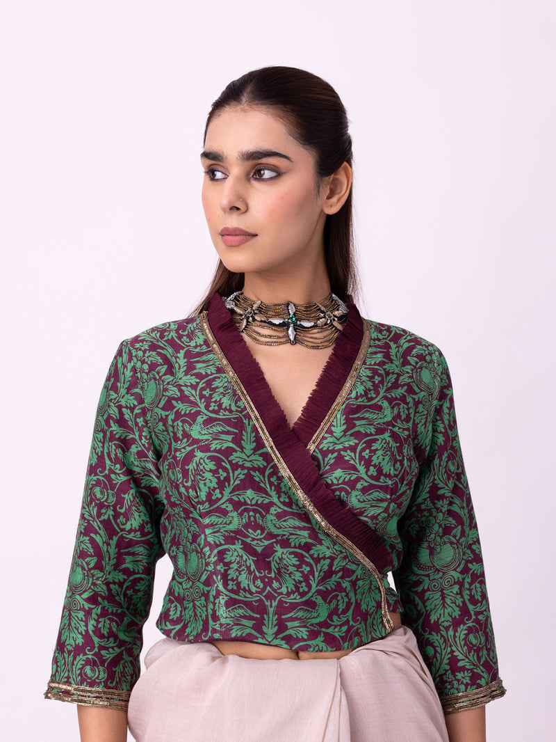 Syaahi Blouse silk blouse by Shades of India in wine-green for women Worldwide