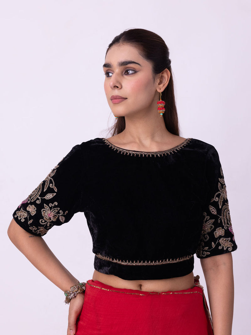 Inayat Blouse silk velvet blouse by Shades of India in black for women Worldwide