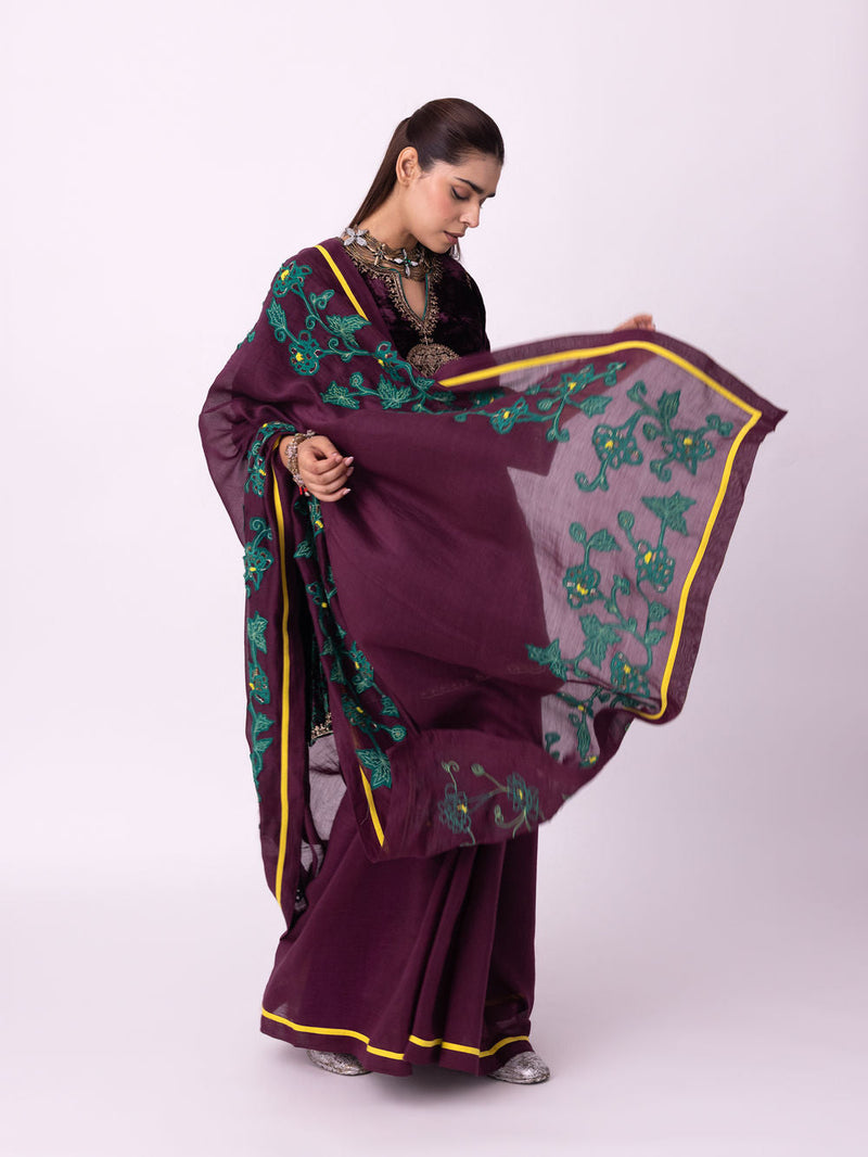 Aabha Saree chanderi weave saree by Shades of India in wine for women Worldwide
