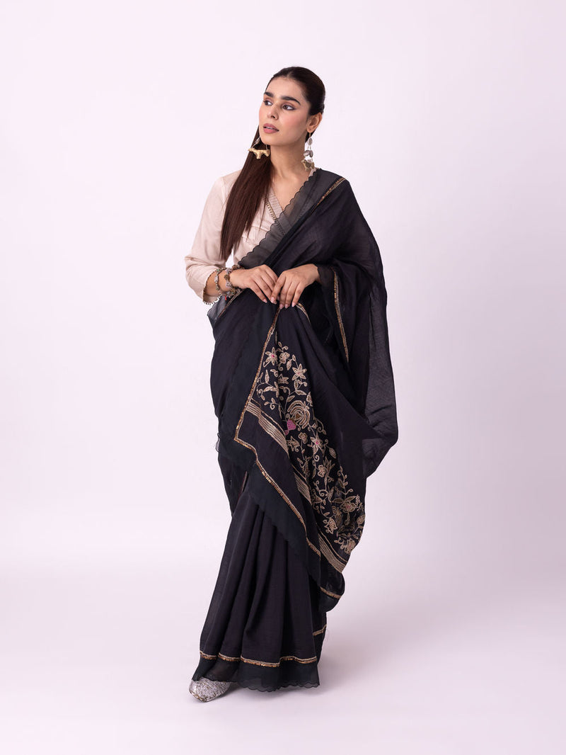 Mehfil Saree chanderi weave saree by Shades of India in black for women Worldwide
