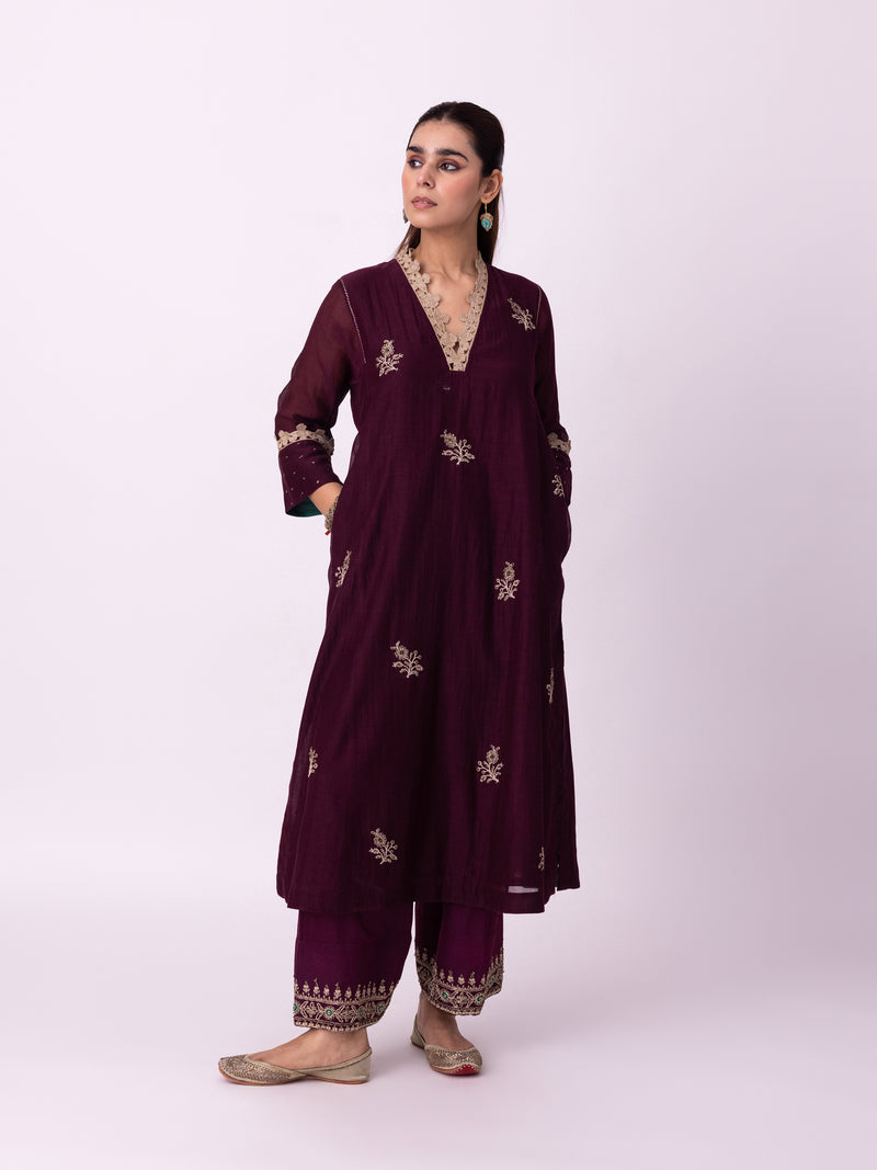 Amra Kurta chanderi kurta/kurta set by Shades of India in wine for women Worldwide