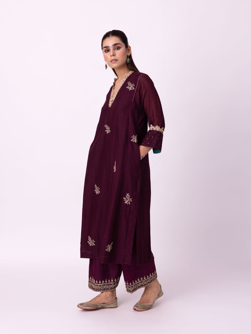 Amra Kurta chanderi kurta/kurta set by Shades of India in wine for women Worldwide