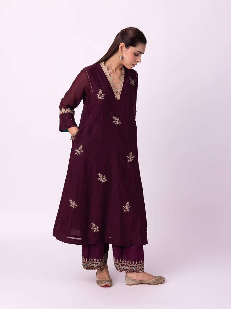 Amra Kurta chanderi kurta/kurta set by Shades of India in wine for women Worldwide