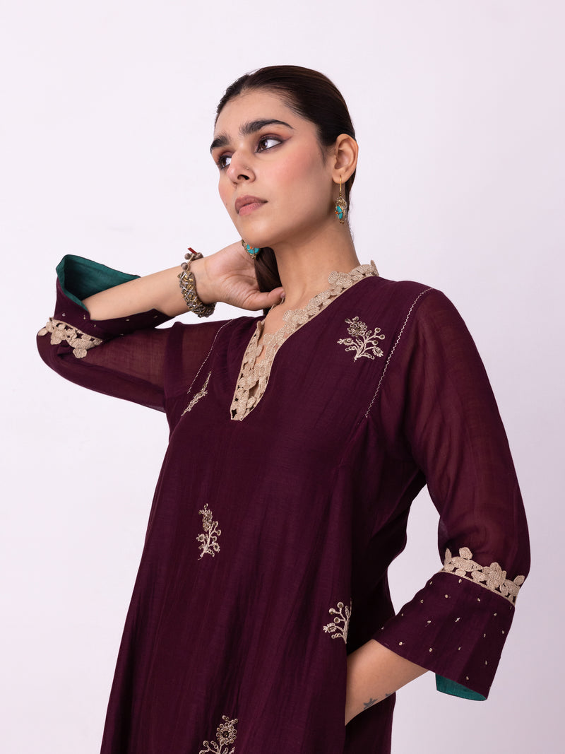 Amra Kurta chanderi kurta/kurta set by Shades of India in wine for women Worldwide