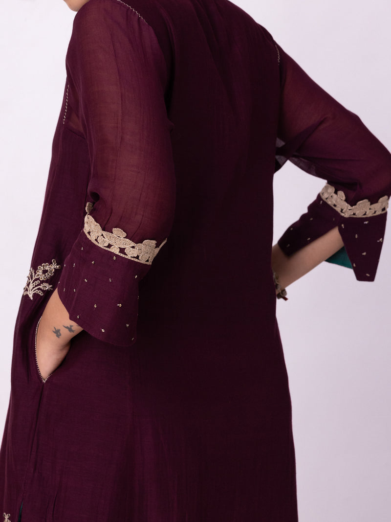 Amra Kurta chanderi kurta/kurta set by Shades of India in wine for women Worldwide