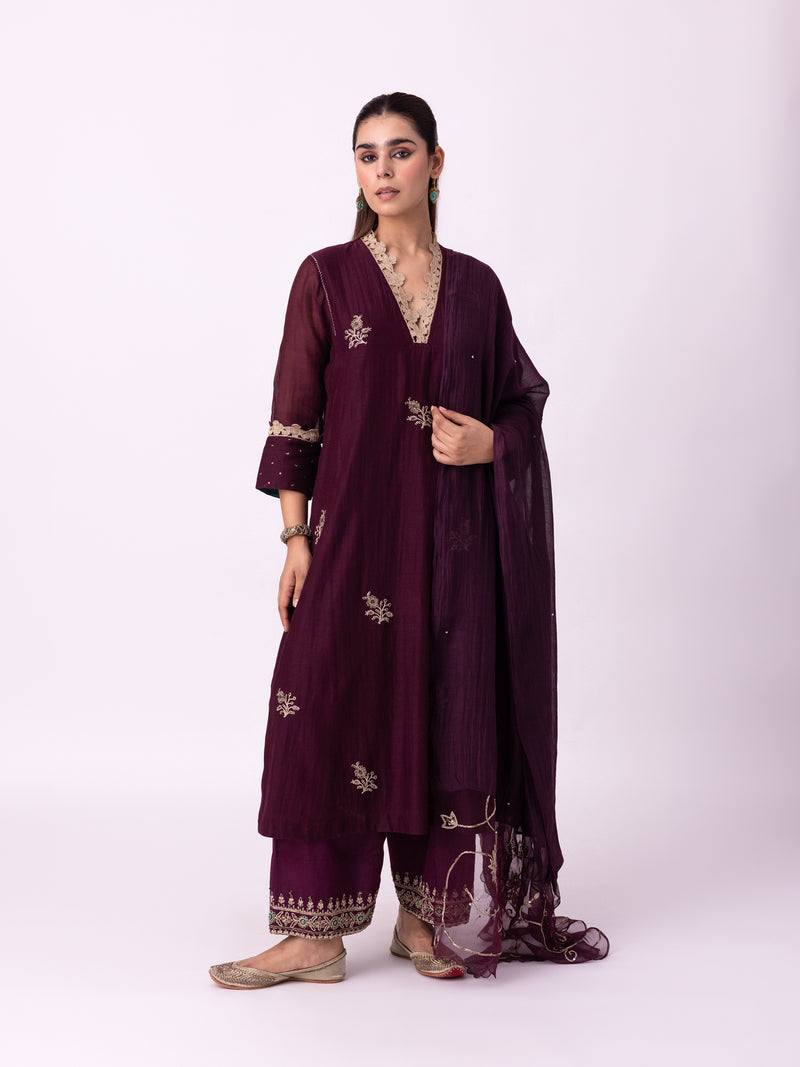 Amra Kurta chanderi kurta/kurta set by Shades of India in wine for women Worldwide