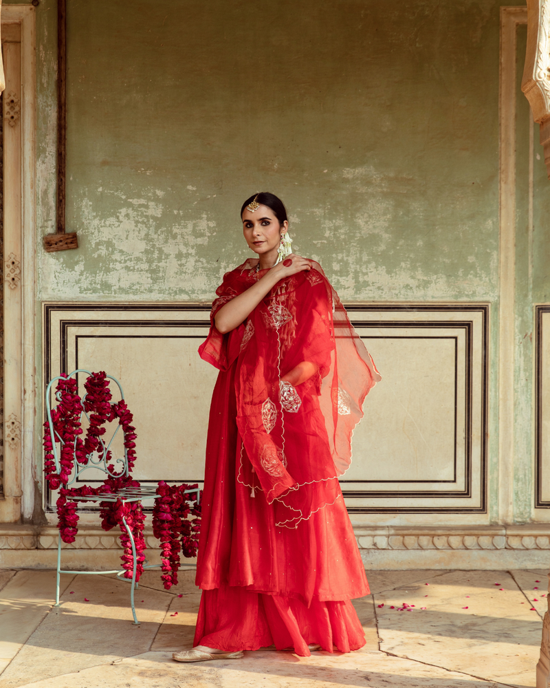 Deep Red Zari Embroidered Kalidar Set silk by Maison Shefali in red color for women Worldwide