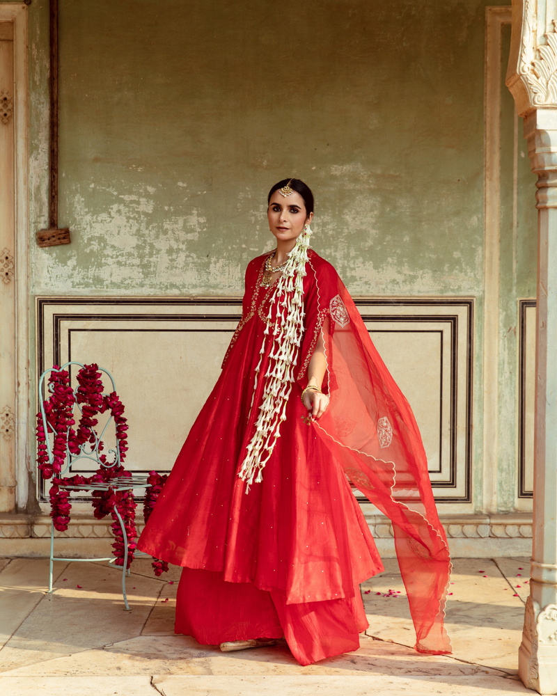 Deep Red Zari Embroidered Kalidar Set silk by Maison Shefali in red color for women Worldwide