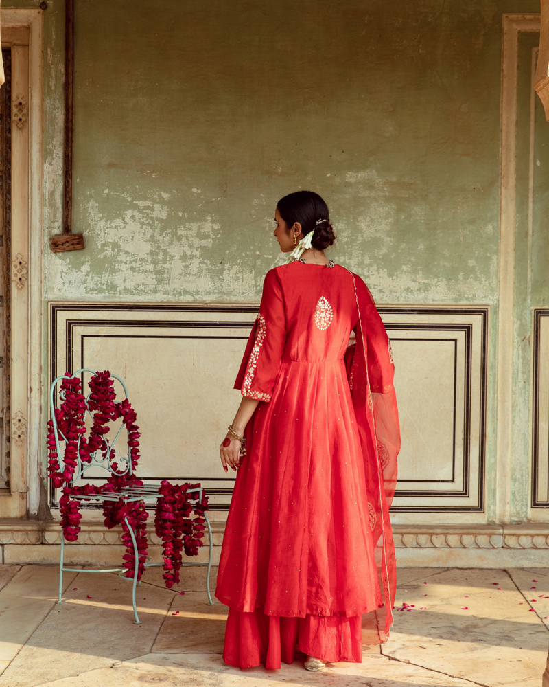 Deep Red Zari Embroidered Kalidar Set silk by Maison Shefali in red color for women Worldwide