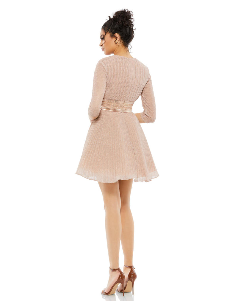 30749-Shimmer Infused Pleated Mini Dress by Mac Duggal in gold color for women Worldwide
