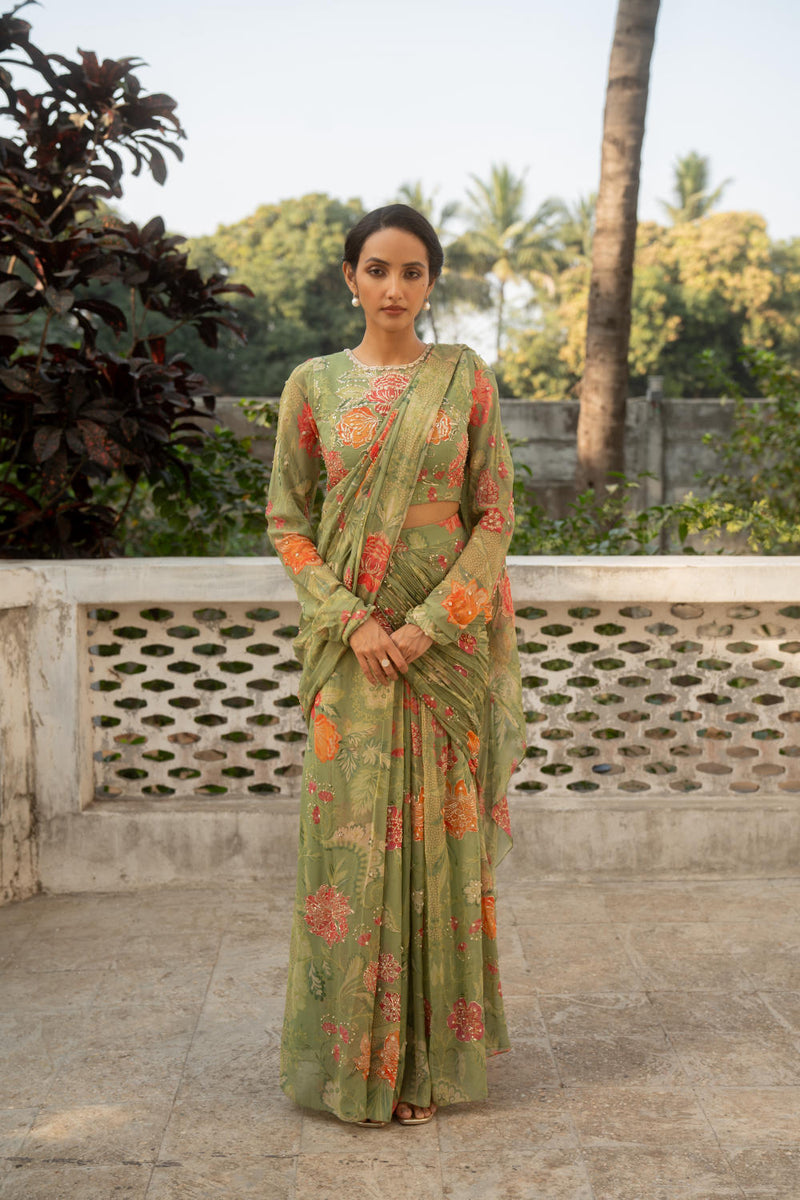 PH-3080 Saree Blouse Set-Sage Green georgette by Paulmi & Harsh in green color for women Worldwide