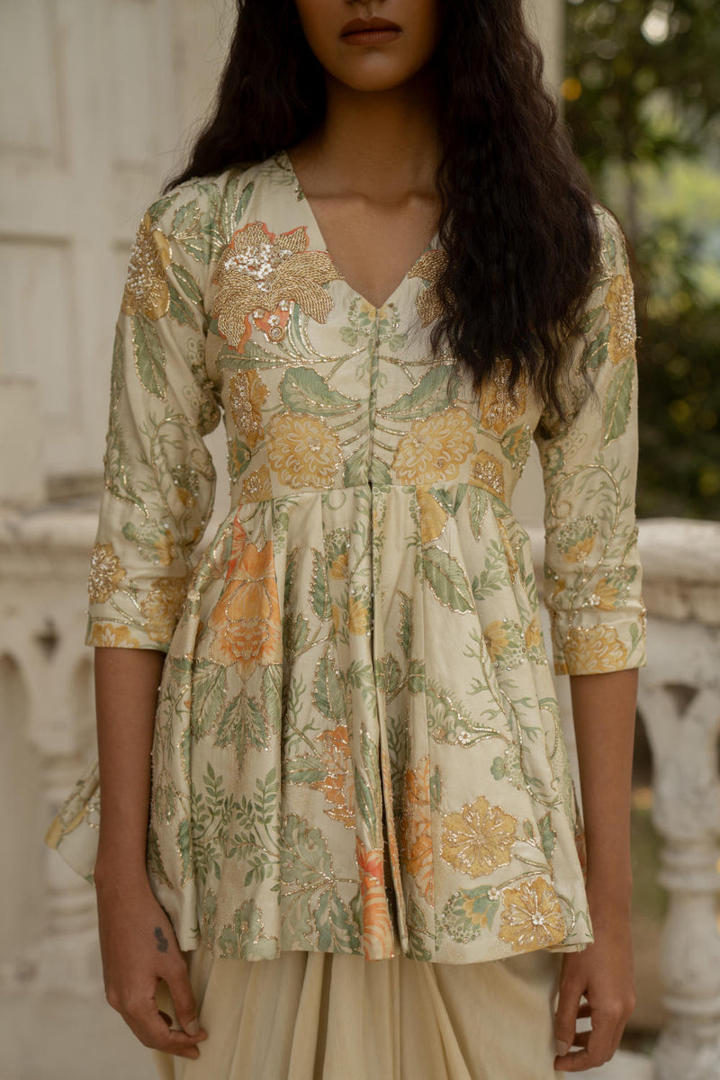 PH-3081 Peplum Skirt Set-Ivory silk by Paulmi & Harsh in ivory color for women Worldwide