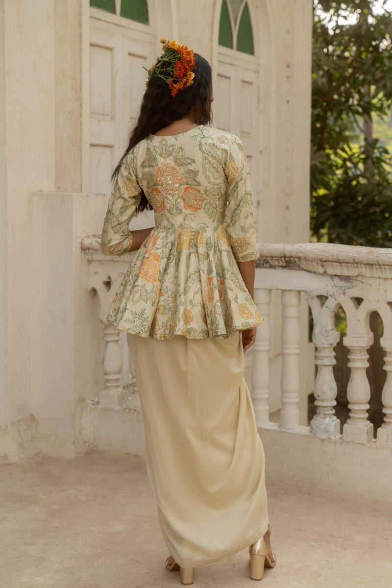 PH-3081 Peplum Skirt Set-Ivory silk by Paulmi & Harsh in ivory color for women Worldwide