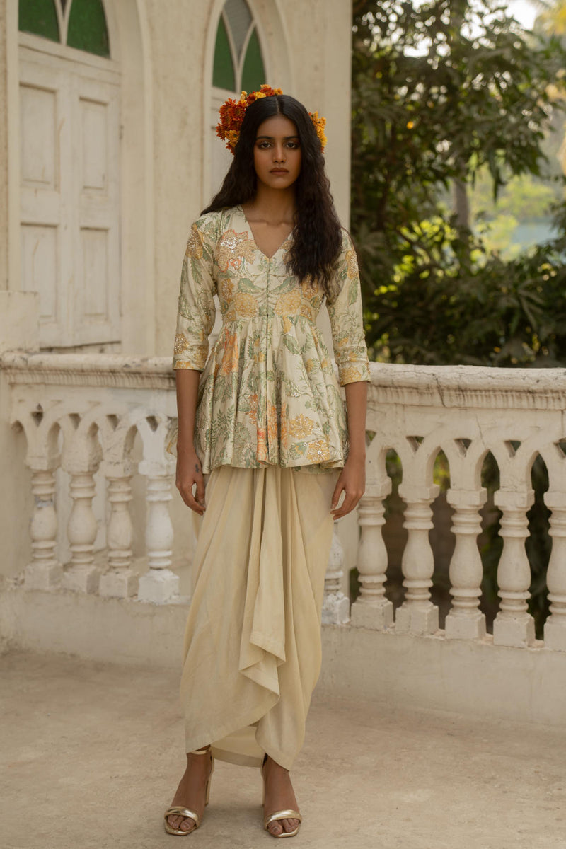 PH-3081 Peplum Skirt Set-Ivory silk by Paulmi & Harsh in ivory color for women Worldwide