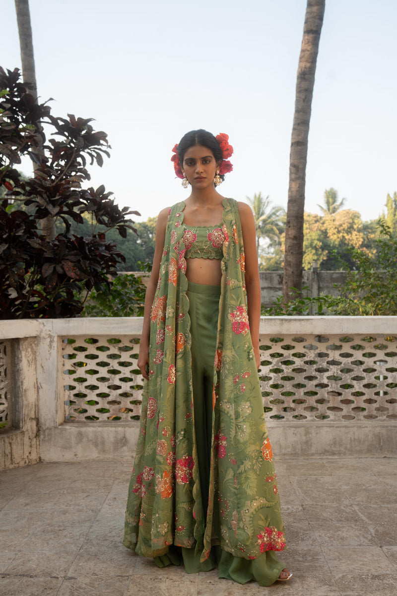 PH-3083 Jacket Palazzo Set-Sage Green organza by Paulmi & Harsh in green color for women Worldwide