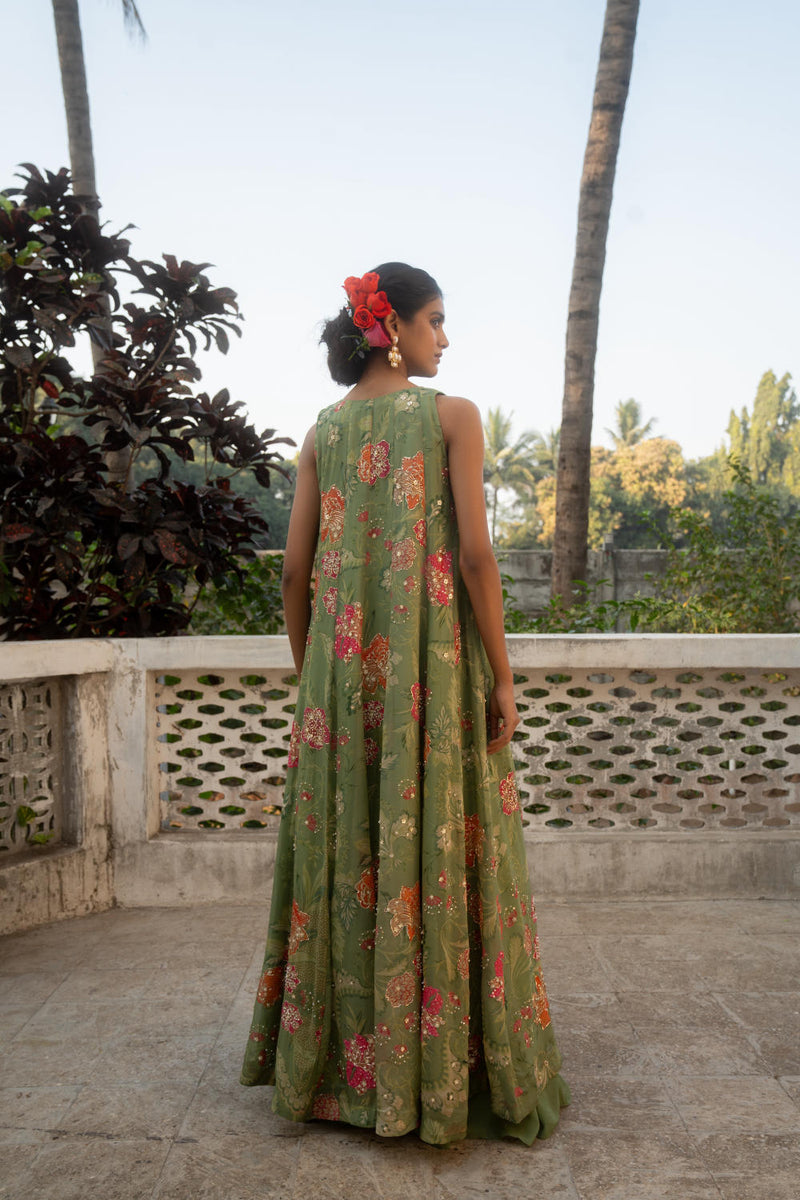 PH-3083 Jacket Palazzo Set-Sage Green organza by Paulmi & Harsh in green color for women Worldwide