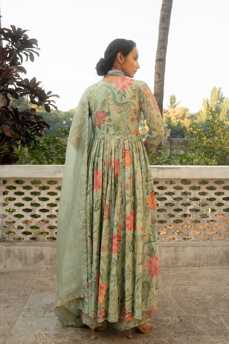 PH-3084 Anarkali Set-Sage Blue silk by Paulmi & Harsh in blue color for women Worldwide