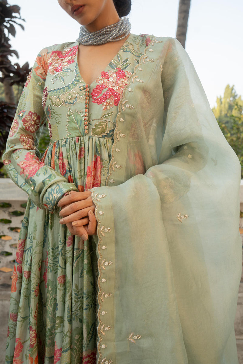 PH-3084 Anarkali Set-Sage Blue silk by Paulmi & Harsh in blue color for women Worldwide