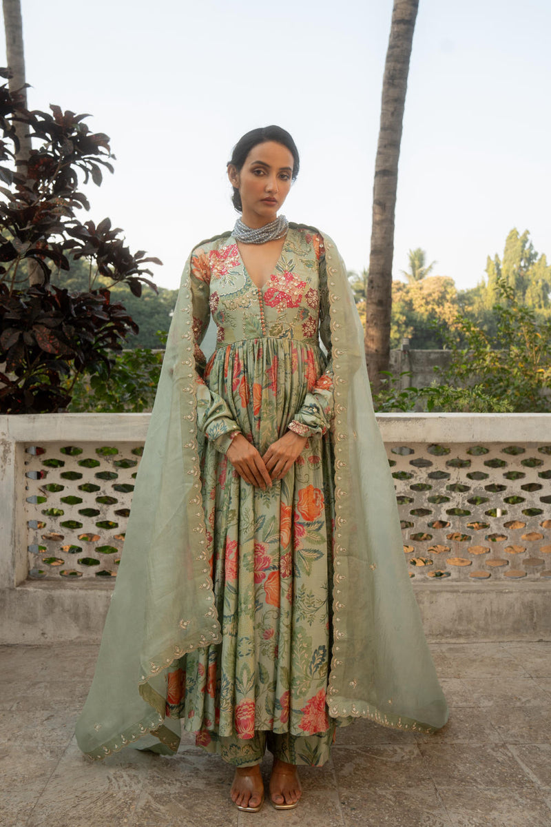 PH-3084 Anarkali Set-Sage Blue silk by Paulmi & Harsh in blue color for women Worldwide