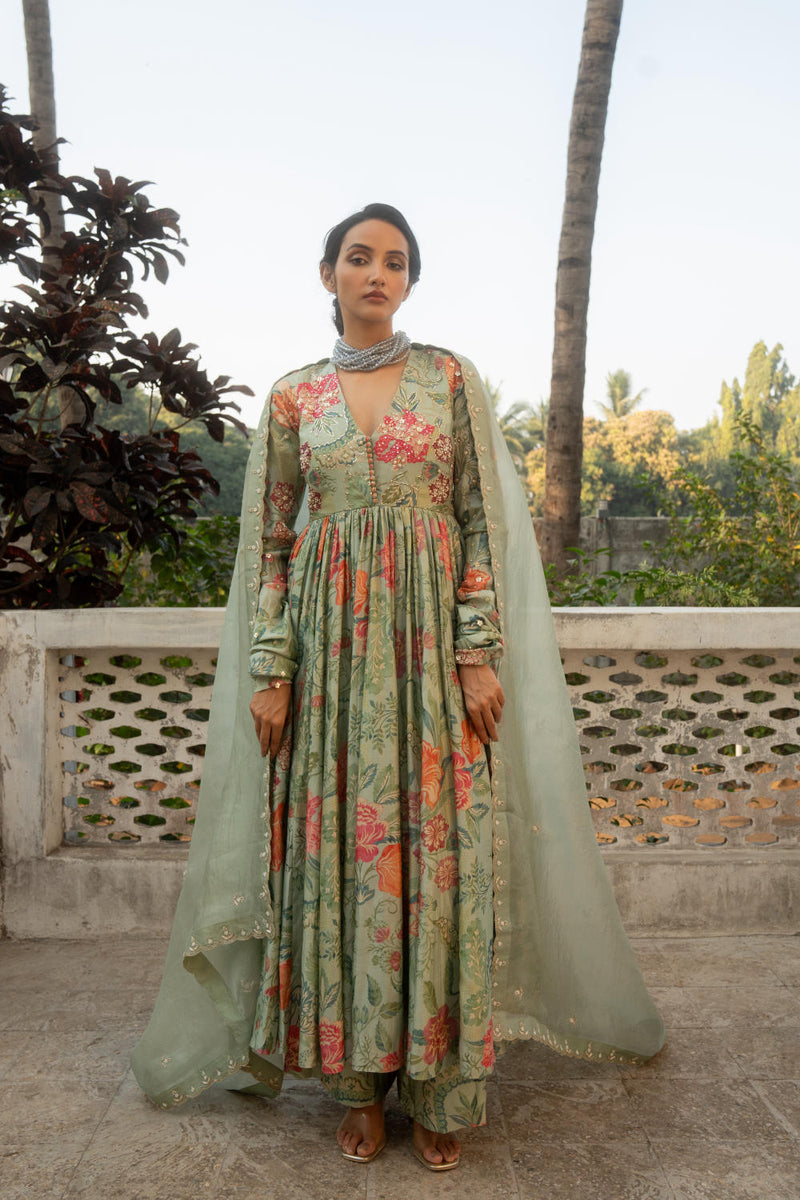 PH-3084 Anarkali Set-Sage Blue silk by Paulmi & Harsh in blue color for women Worldwide