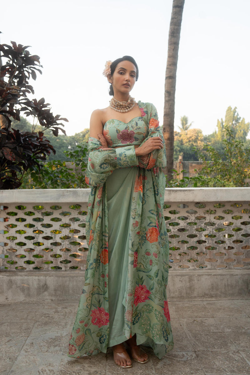PH-3088 Skirt Jacket set-Sage Blue organza by Paulmi & Harsh in blue color for women Worldwide