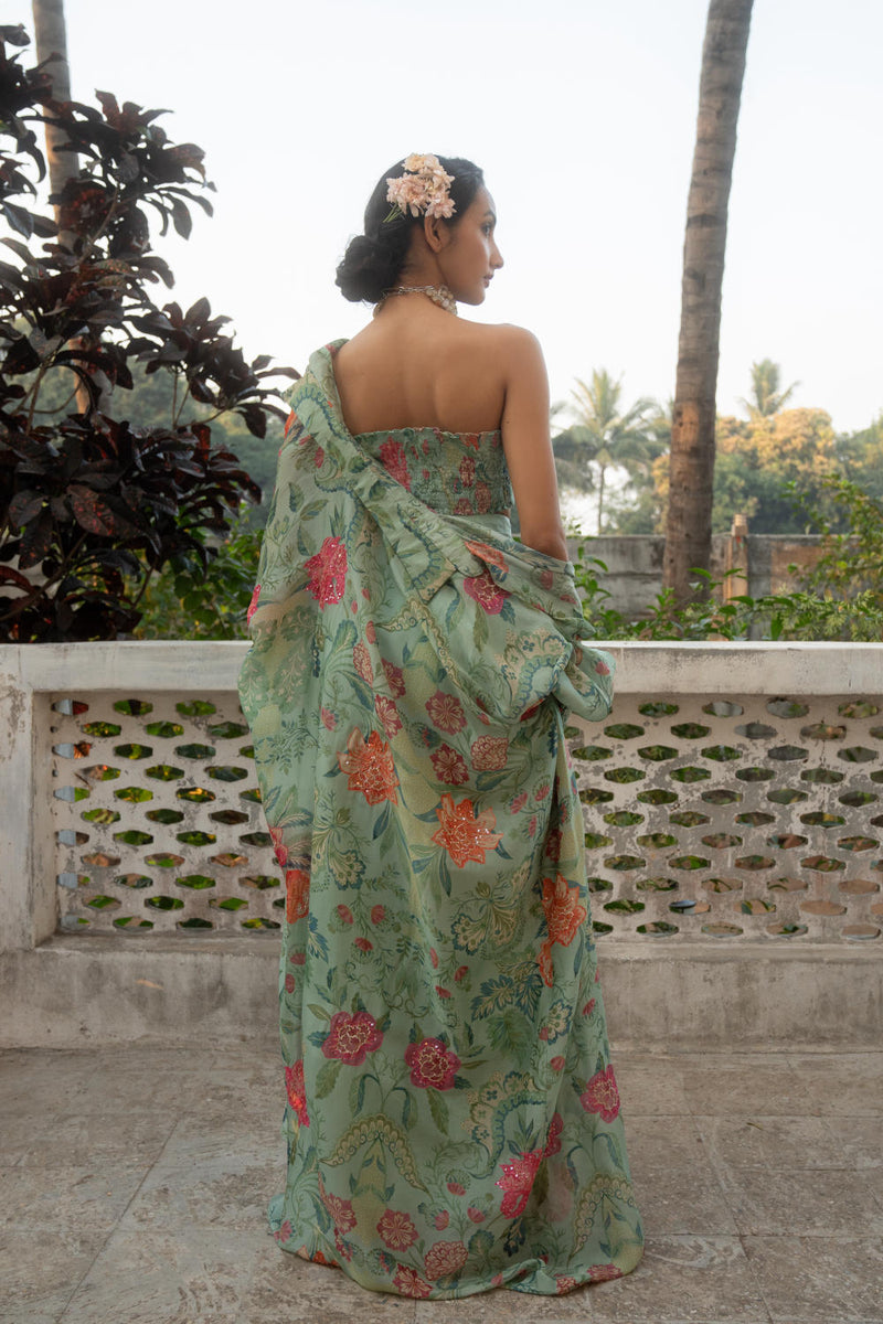 PH-3088 Skirt Jacket set-Sage Blue organza by Paulmi & Harsh in blue color for women Worldwide