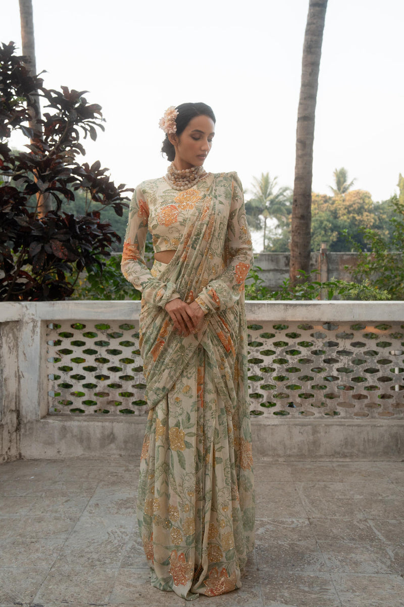 PH-3089 Saree Blouse Set-Ivory georgette by Paulmi & Harsh in ivory color for women Worldwide