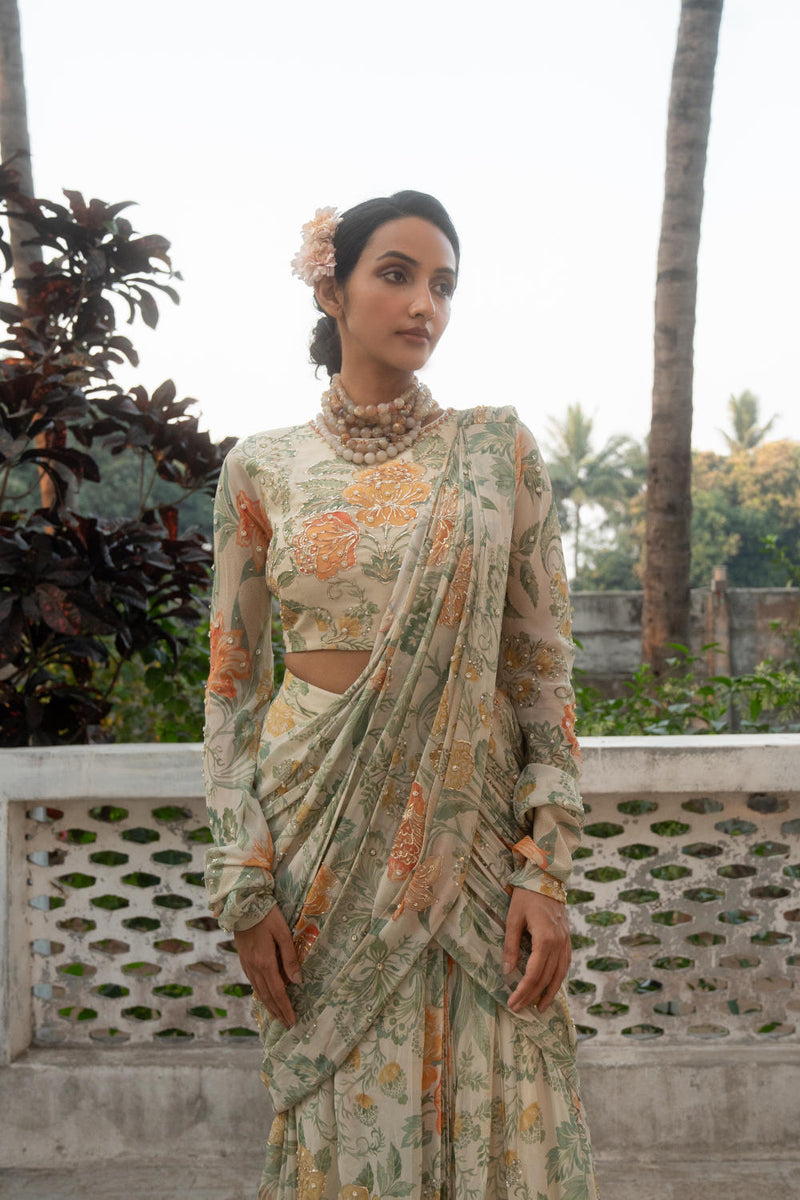 PH-3089 Saree Blouse Set-Ivory georgette by Paulmi & Harsh in ivory color for women Worldwide