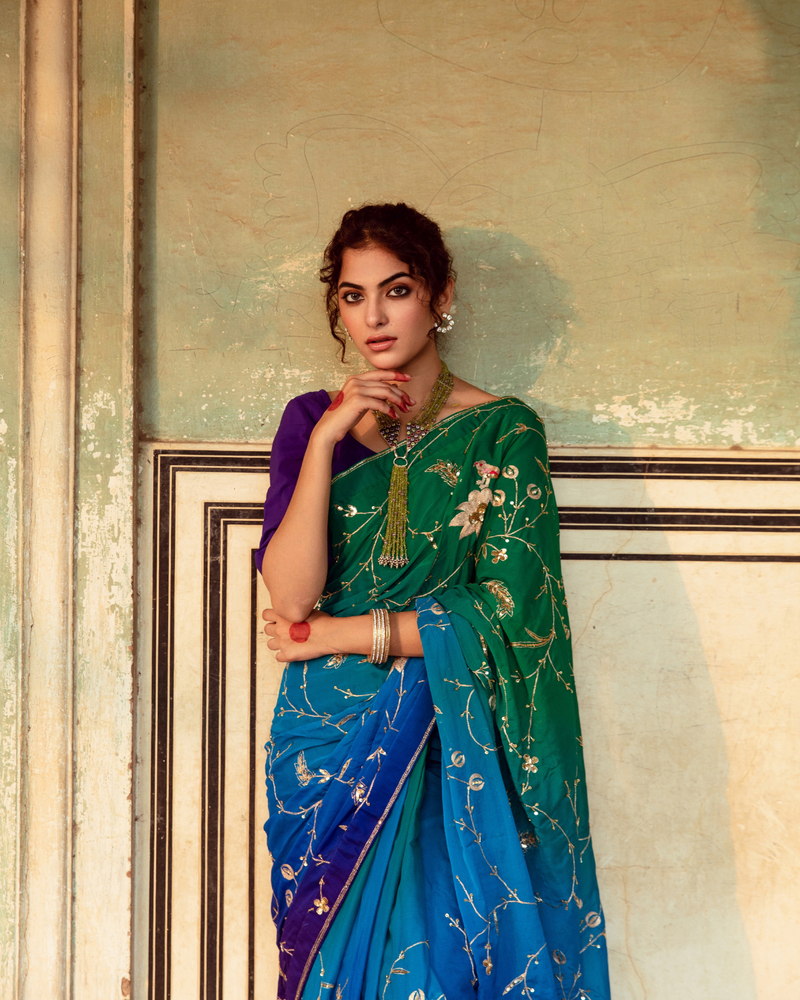 Embroidered Shaded Chiffon Sari chiffon by Maison Shefali in multi color for women Worldwide