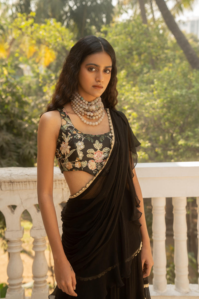 PH-3091 Saree Blouse Set-Black silk by Paulmi & Harsh in black color for women Worldwide