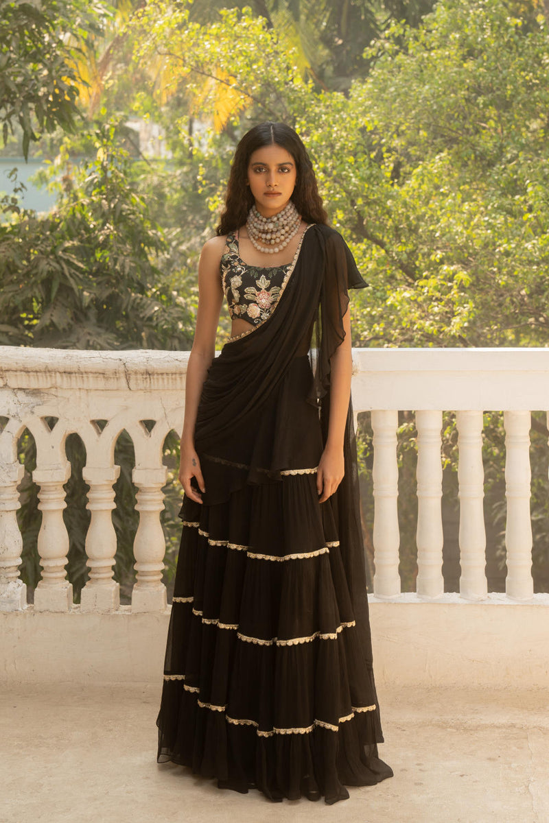 PH-3091 Saree Blouse Set-Black silk by Paulmi & Harsh in black color for women Worldwide